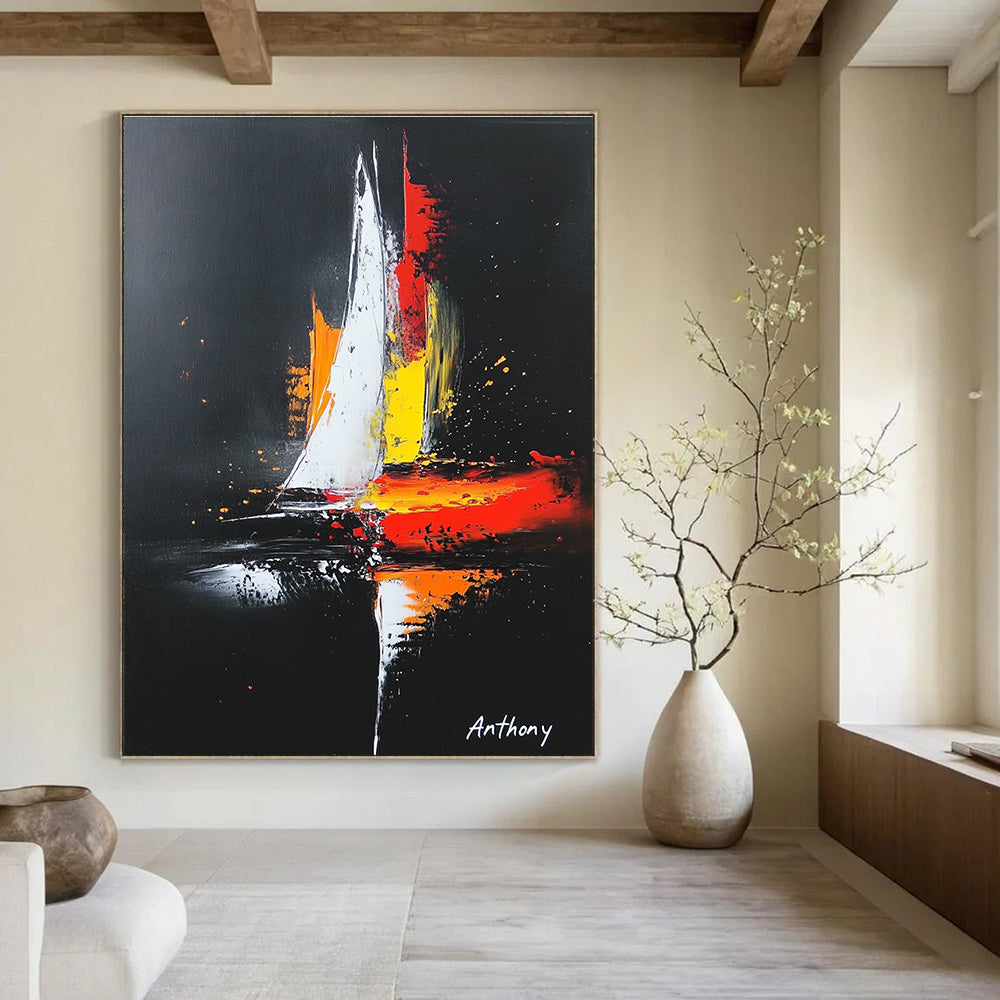 Large abstract painting featuring a sailboat on a black background with white highlights and vibrant red yellow and orange accents in a minimalistic style.STSC815