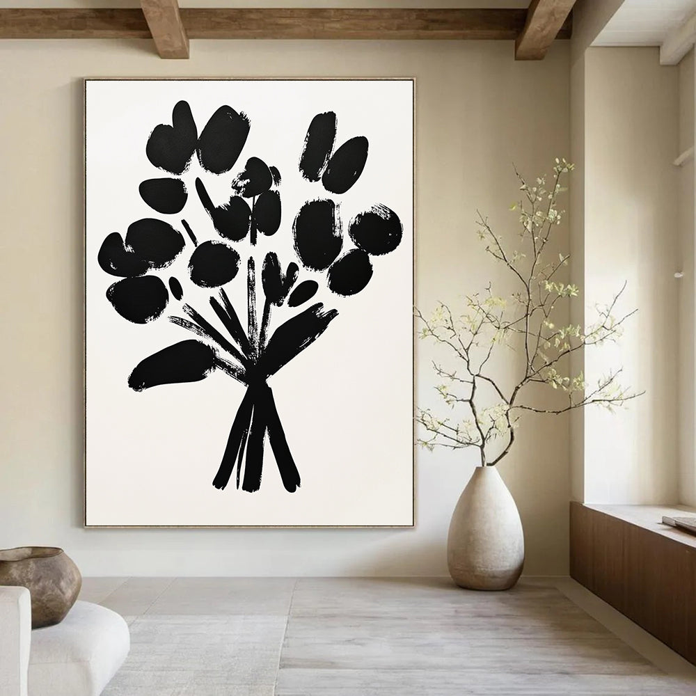 A large abstract painting featuring a bouquet of flowers with black brush strokes on white paper in a simple and minimalistic drawing style.STSC924