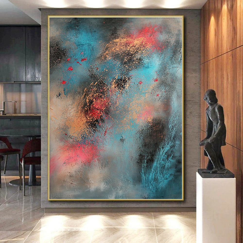 Blue Gold and Red Abstract Painting with Dynamic Splashes GER661