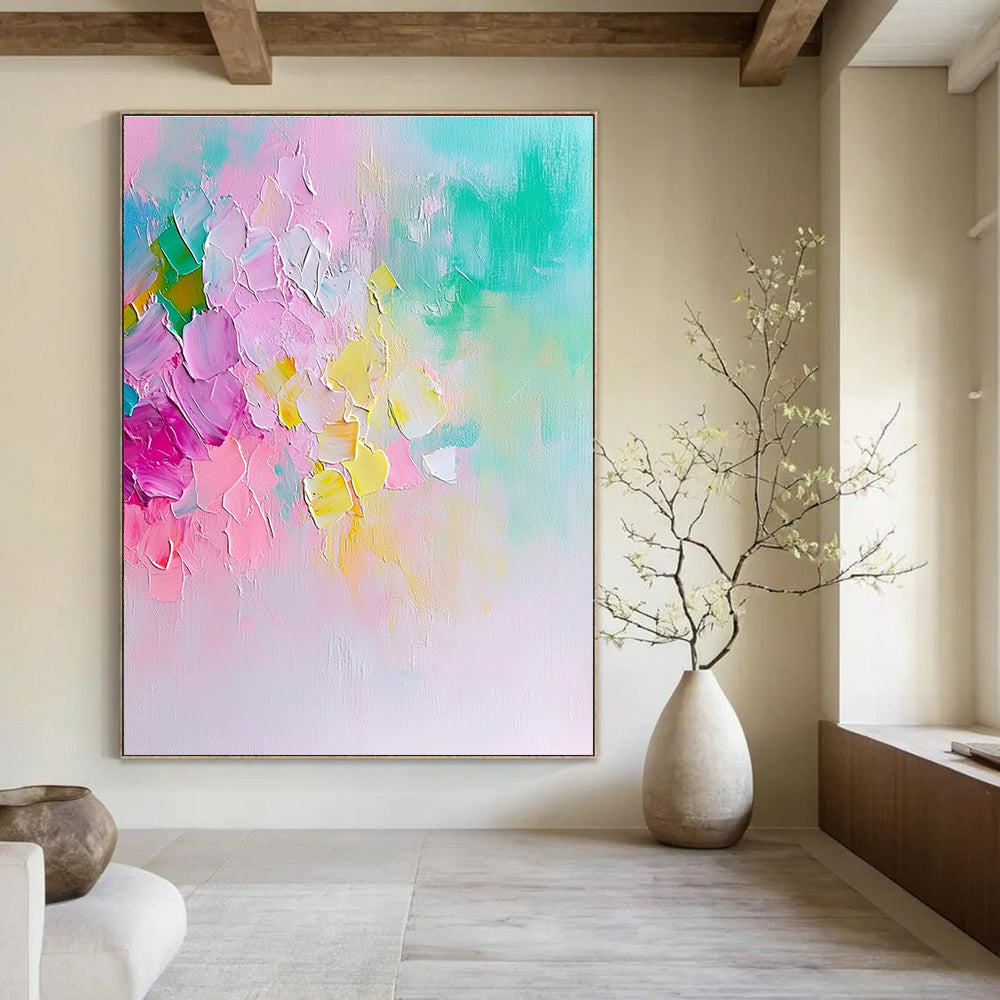 Large abstract painting in pastel colors featuring a floral composition with soft brush strokes and a dreamy springtime atmosphere.STSC442