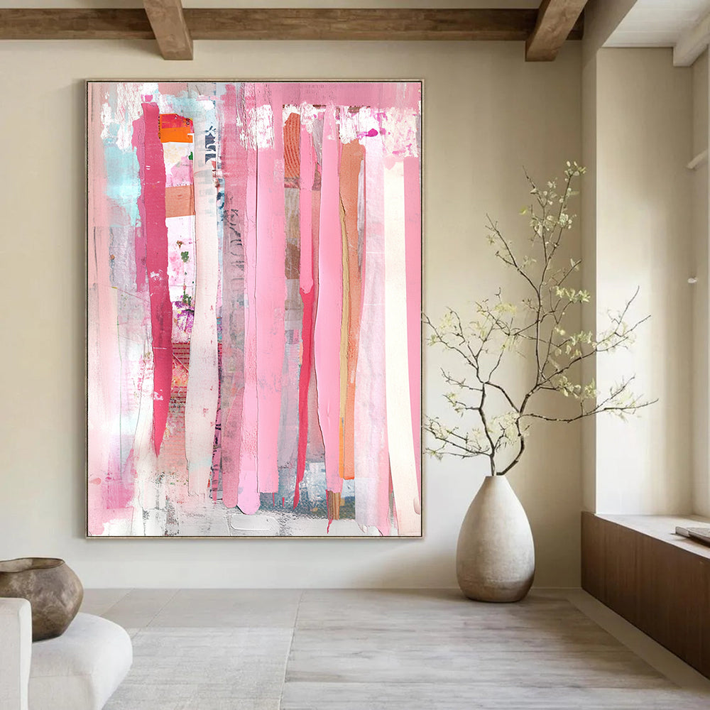 Bold abstract painting featuring peach-colored pink curtains with mixed media collage of torn paper and painted elements for a unique artistic expression.STSC1407