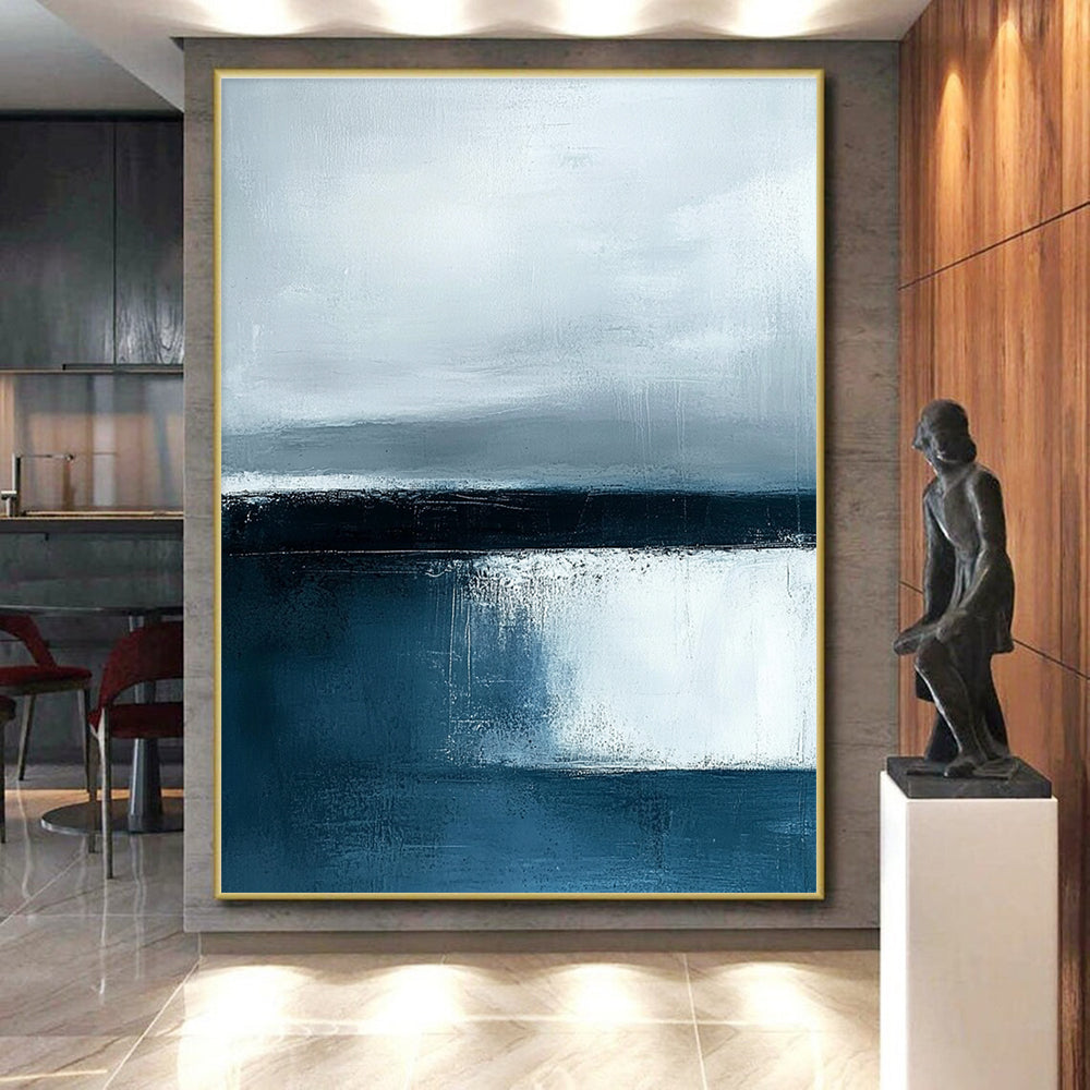 Monochrome Blue Abstract Painting with Textured Depths GER385