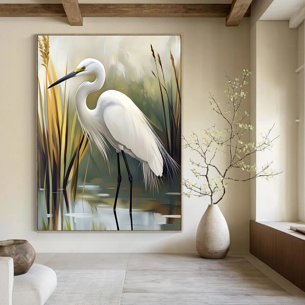 Abstract painting of an egret in a serene marsh setting featuring soft feather textures and tranquil green and gray hues.STSC1293