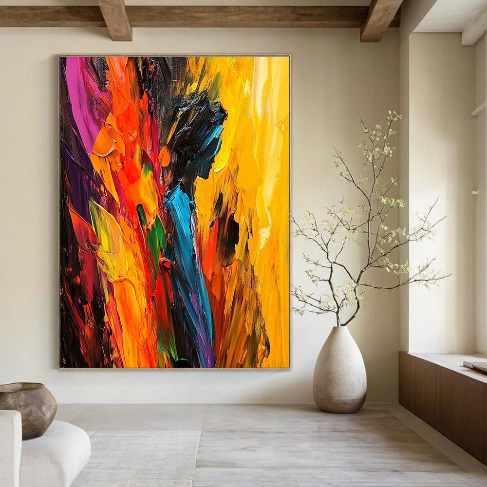 Large abstract painting with bold strokes vibrant colors and a dynamic central figure offering depth energy and passion.STSC938