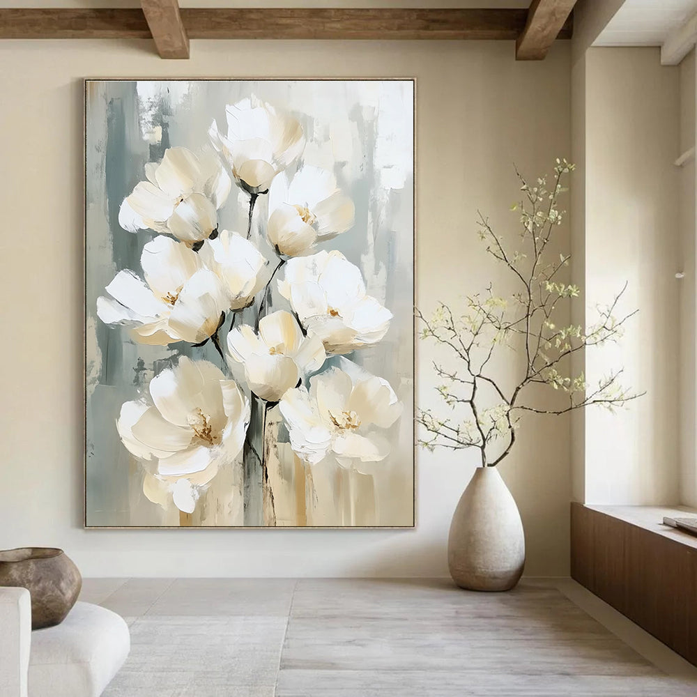 Large abstract painting with white flowers in delicate brushstrokes beige and gray palette textured surface and soft edges creating depth and elegance.STSC1475
