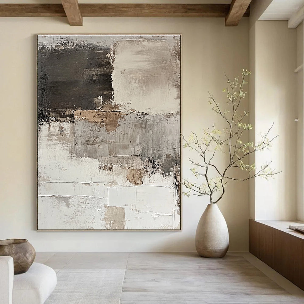 Large abstract painting of a peeling white wall in brown and gray tones showcasing thick brush strokes for a minimalist aesthetic.STSC268