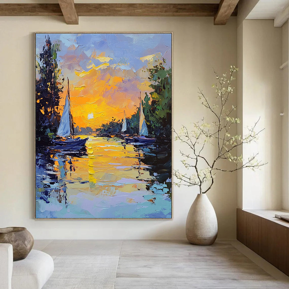 Large abstract painting featuring sailing boats at sunset with vibrant yellow and blue tones and thick brush strokes creating an impressionistic scene.STSC1419
