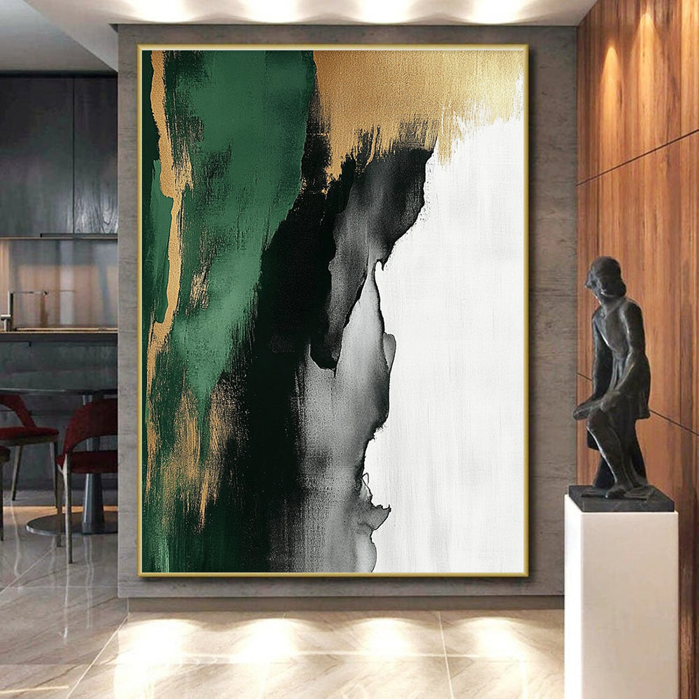 Green Gold Gray and White Abstract Painting with Flowing Textures GER633