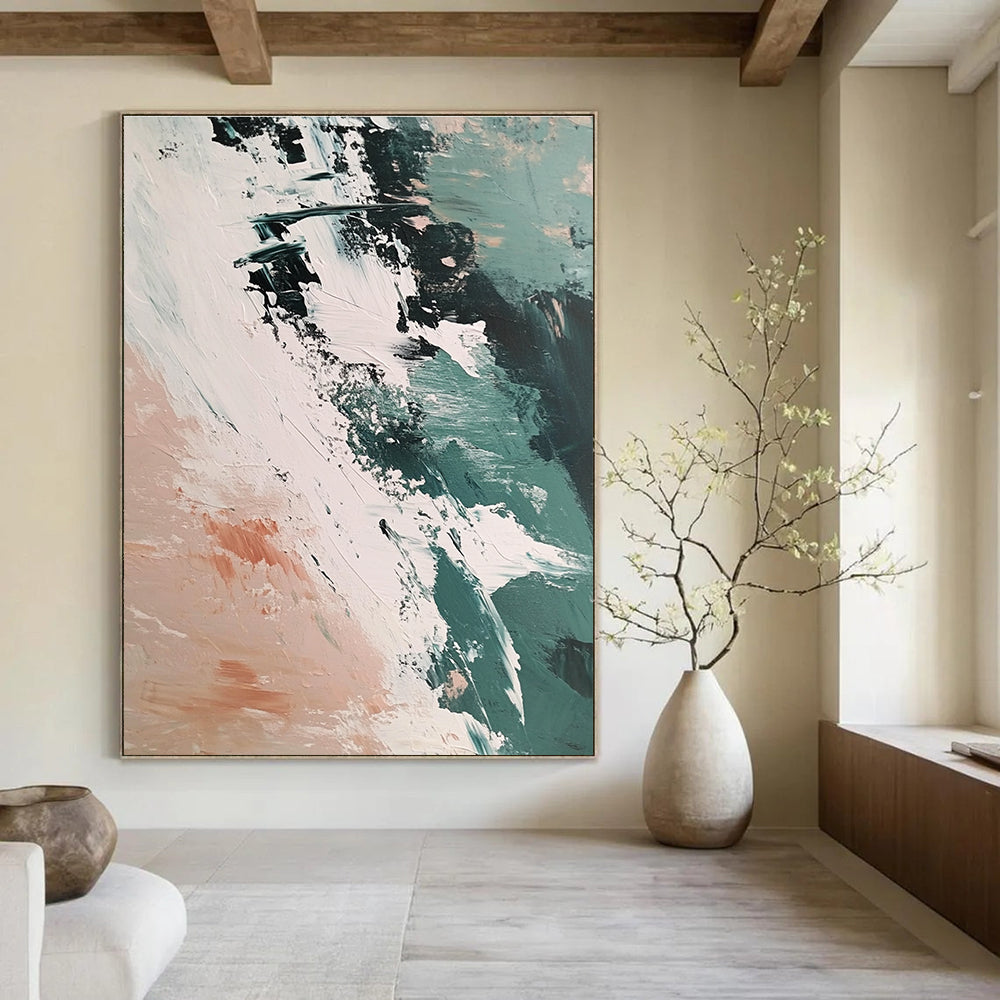 Large abstract painting capturing the Arctic sea's ice and earth with vibrant brush strokes in a beige teal and pink palette.STSC1437