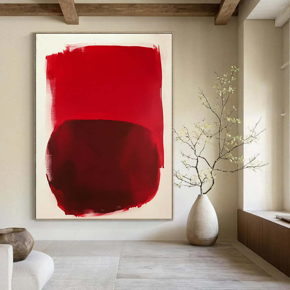 Large abstract painting featuring vibrant red shapes on a white background inspired by Mark Rothko's style.STSC1414
