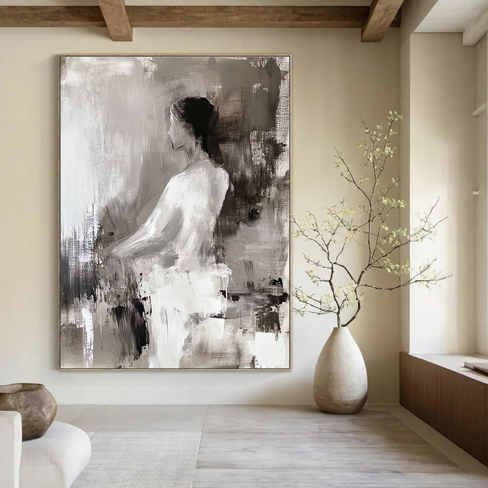 Large abstract painting of a woman in white featuring deconstructed tailoring and fluid simplicity with atmospheric perspective in light gray and dark brown.STSC673