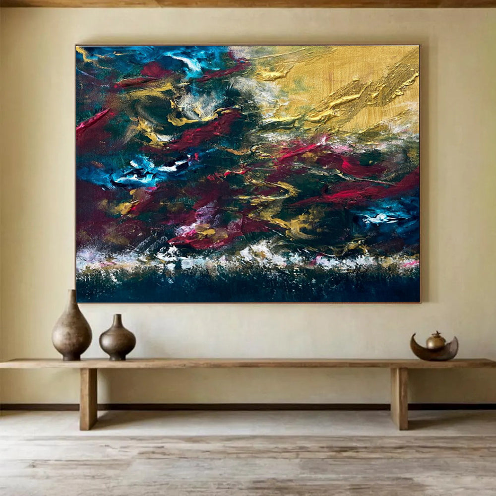 Blue Gold Red Abstract Painting with Rich, Passionate Tones THY383