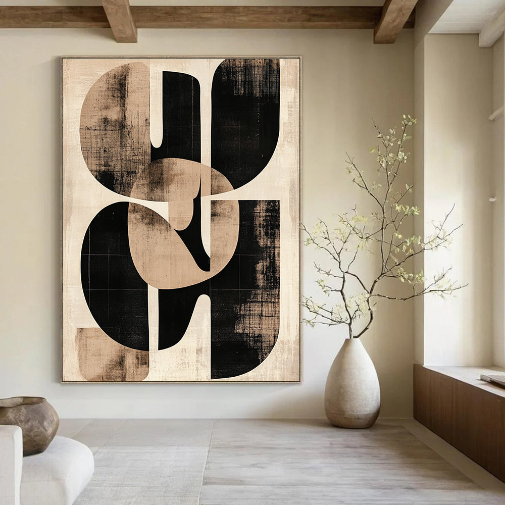 Large abstract artwork featuring beige and black shapes inspired by Paul Klee with sepia tones printed on aged paper showcasing the initials SG.STSC469