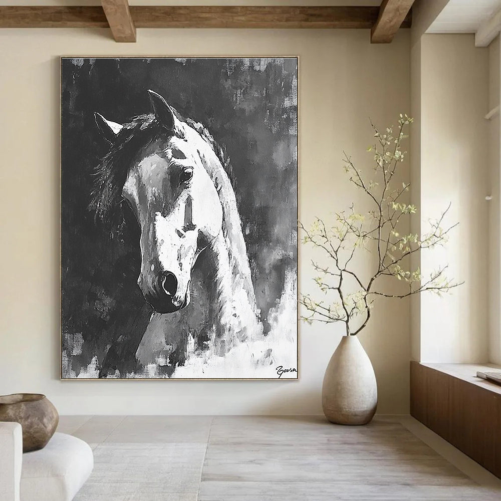 Large abstract painting of a horse in black and white featuring bold brush strokes and dramatic shadows on a textured canvas.STSC290