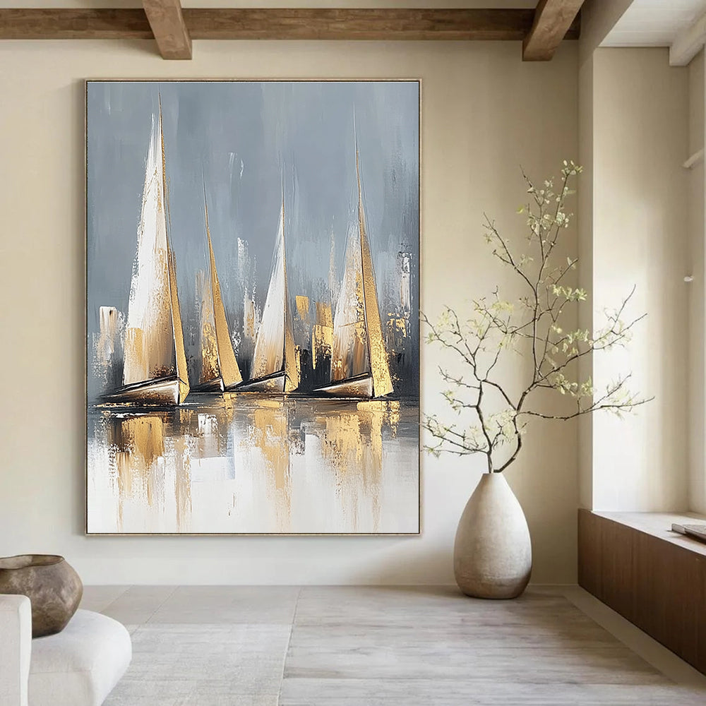 Large abstract painting featuring sailboats in neutral colors with gold accents and a serene water reflection on a white background.STSC460