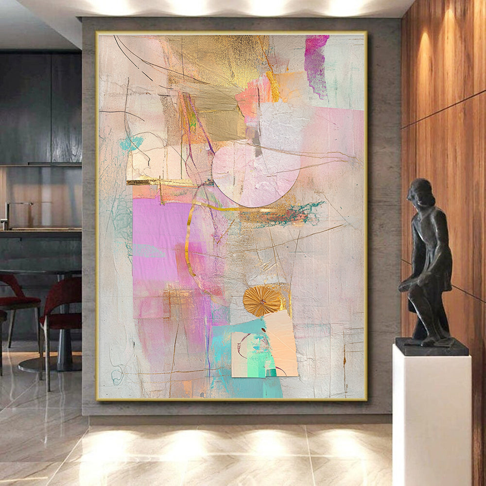 Gold Pink and Teal Pastel Abstract Collage Art GER199