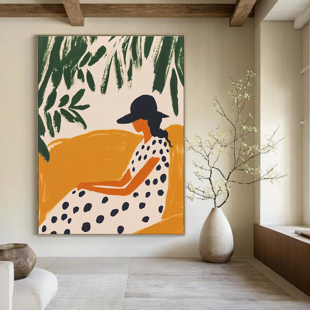 Large abstract artwork featuring a woman on a chaise lounge with minimalistic shapes and greenery on a white background in Matisse style.STSC1263