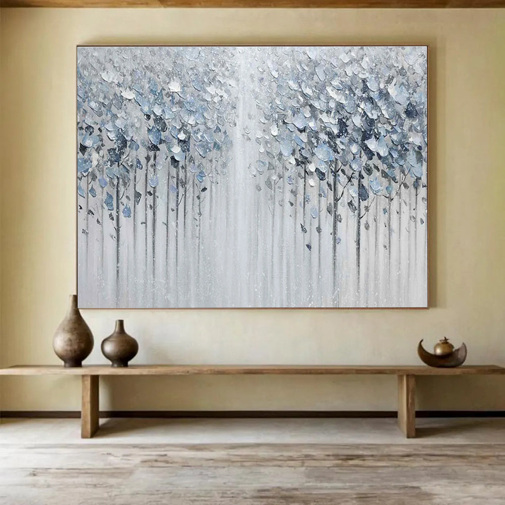 Silver Forest Abstract Painting with Metallic and Neutral Tones THY274