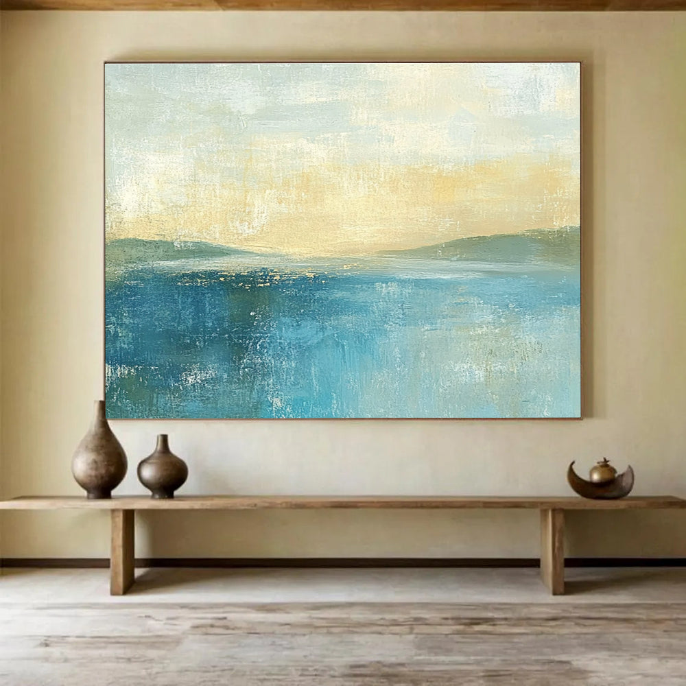 Abstract painting featuring soft colors in muted blues and greens with a pale yellow sky gentle horizon and serene sea.SC085