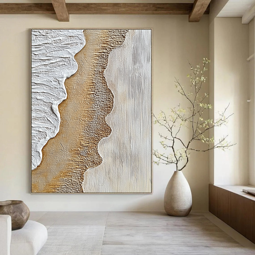 Abstract painting depicting textured sand and crashing waves with warm browns and cool grays for a striking artistic expression.STSC947