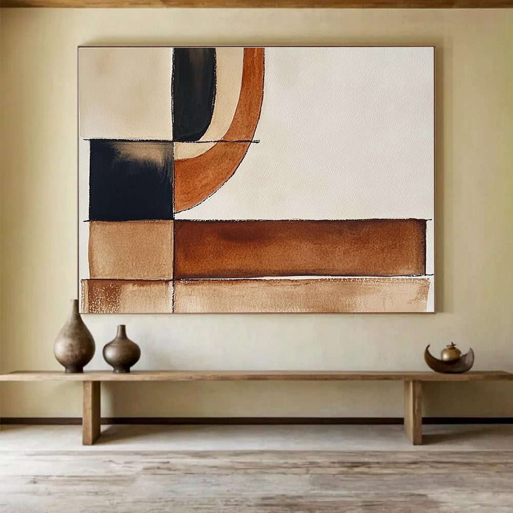 Large abstract watercolor painting featuring brown black and white shapes with minimalist earthy tones for a boho-inspired artistic touch.SC394