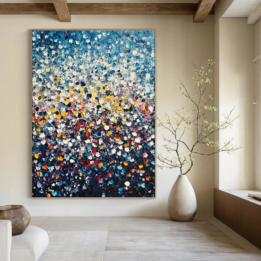 Large abstract painting featuring thousands of tiny flowers in blue yellow and red against a dark gradient background in Whistler's impressionistic style.STSC1140