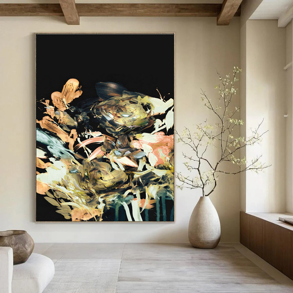 Colorful Floral Abstract on Black Background Painting ADGE171