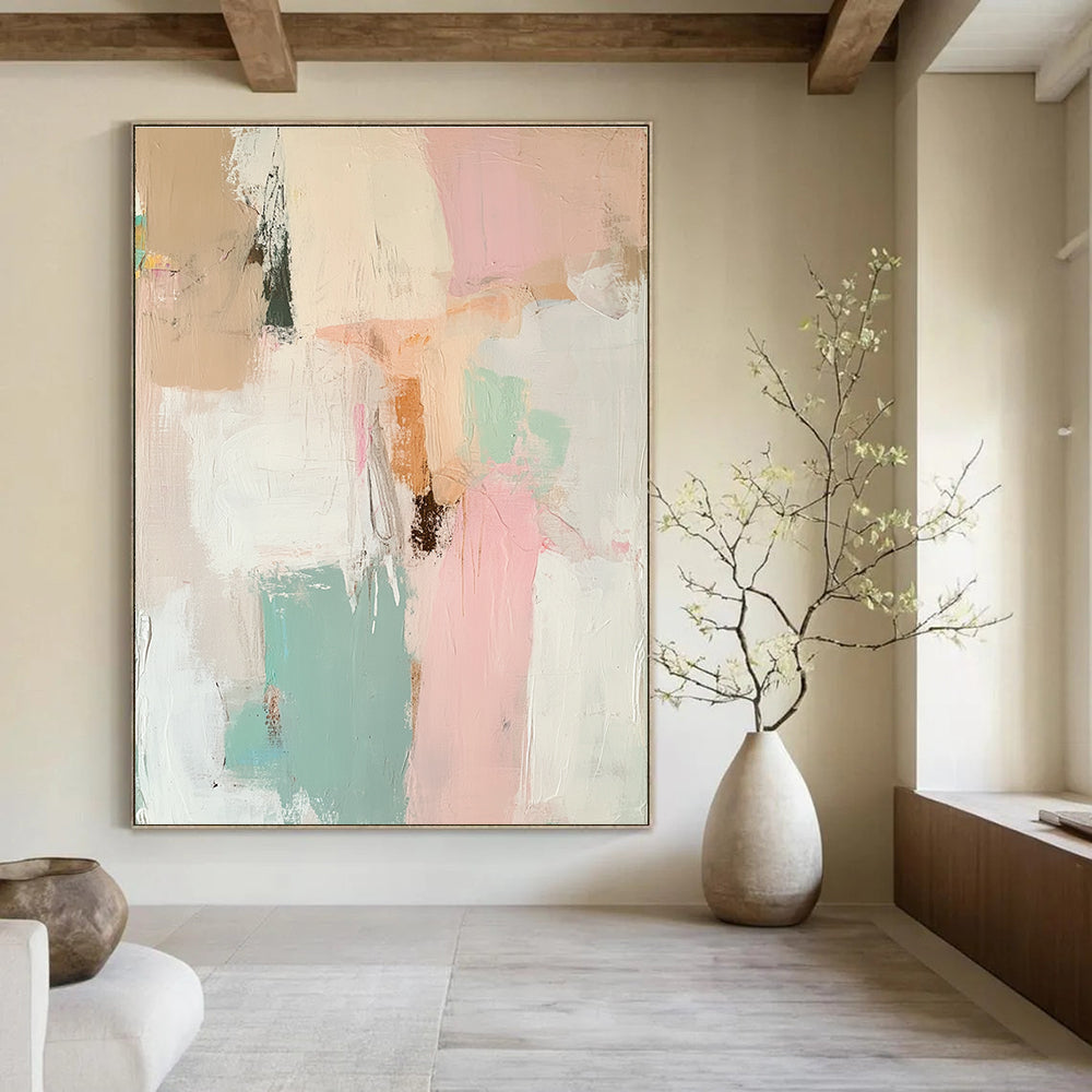 Large abstract painting with soft pinks whites sage greens and earthy tones featuring dreamy human and animal forms in a tranquil nostalgic atmosphere.STSC806