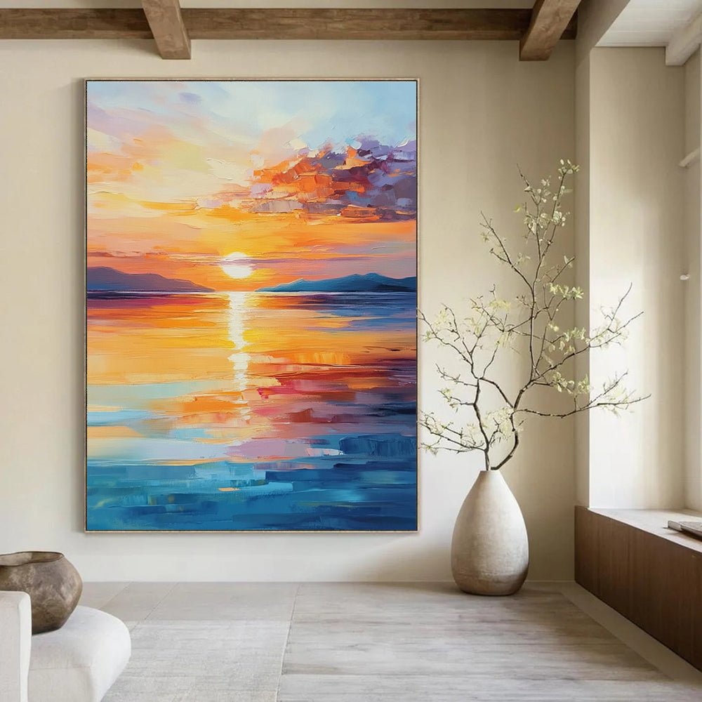 A large abstract painting of a beautiful sunrise over the sea with warm colors and calming reflections, capturing tranquility and hope.STSC900