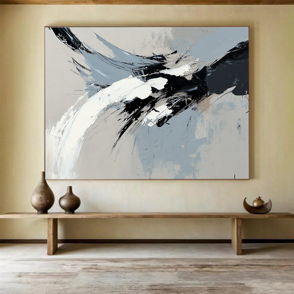 Black and White Abstract Painting with Dynamic Brushstrokes DYP387