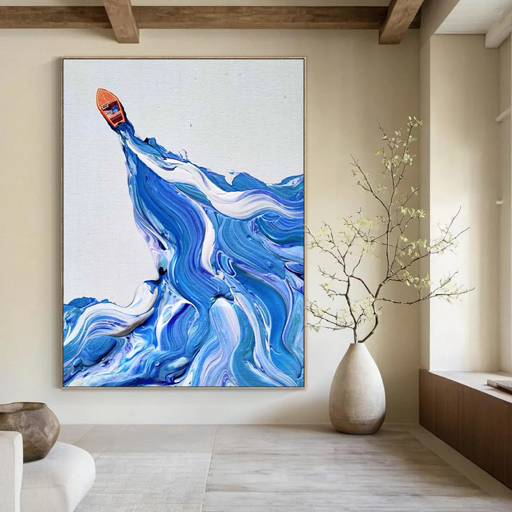 Blue and White Wave Boat Abstract Painting with Textured Seas ADGE321