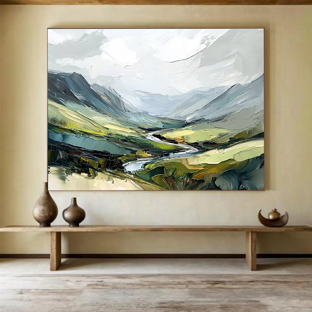 Impasto Mountain Valley Abstract Painting with Rich Greens DYP597