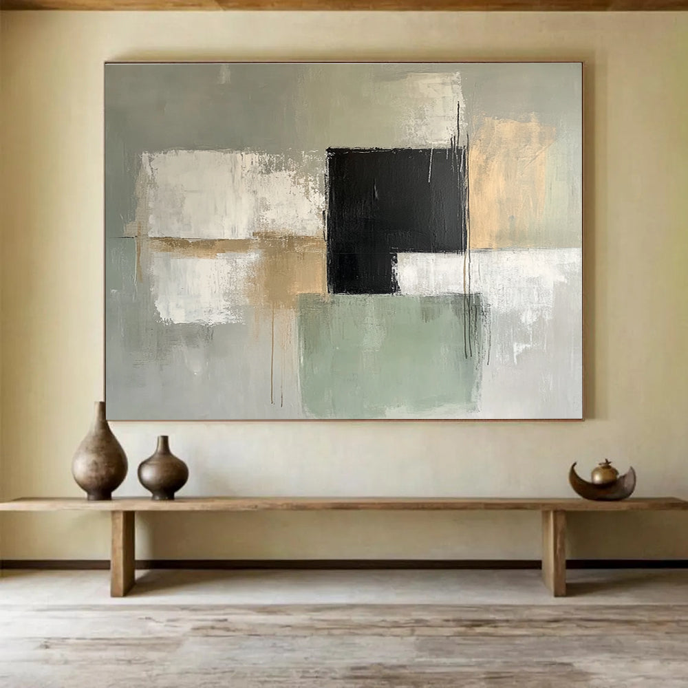 Gray and Green Abstract Painting with Geometric Forms DYP369