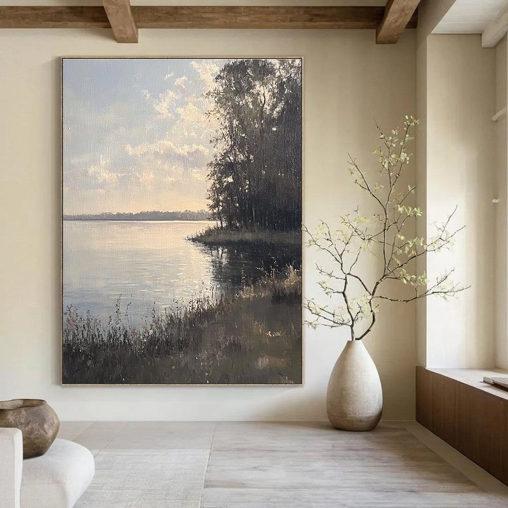 Large abstract painting depicting serene Chautauqua Lake with muted colors soft sunlight and detailed brushstrokes creating a tranquil atmosphere.STSC1173