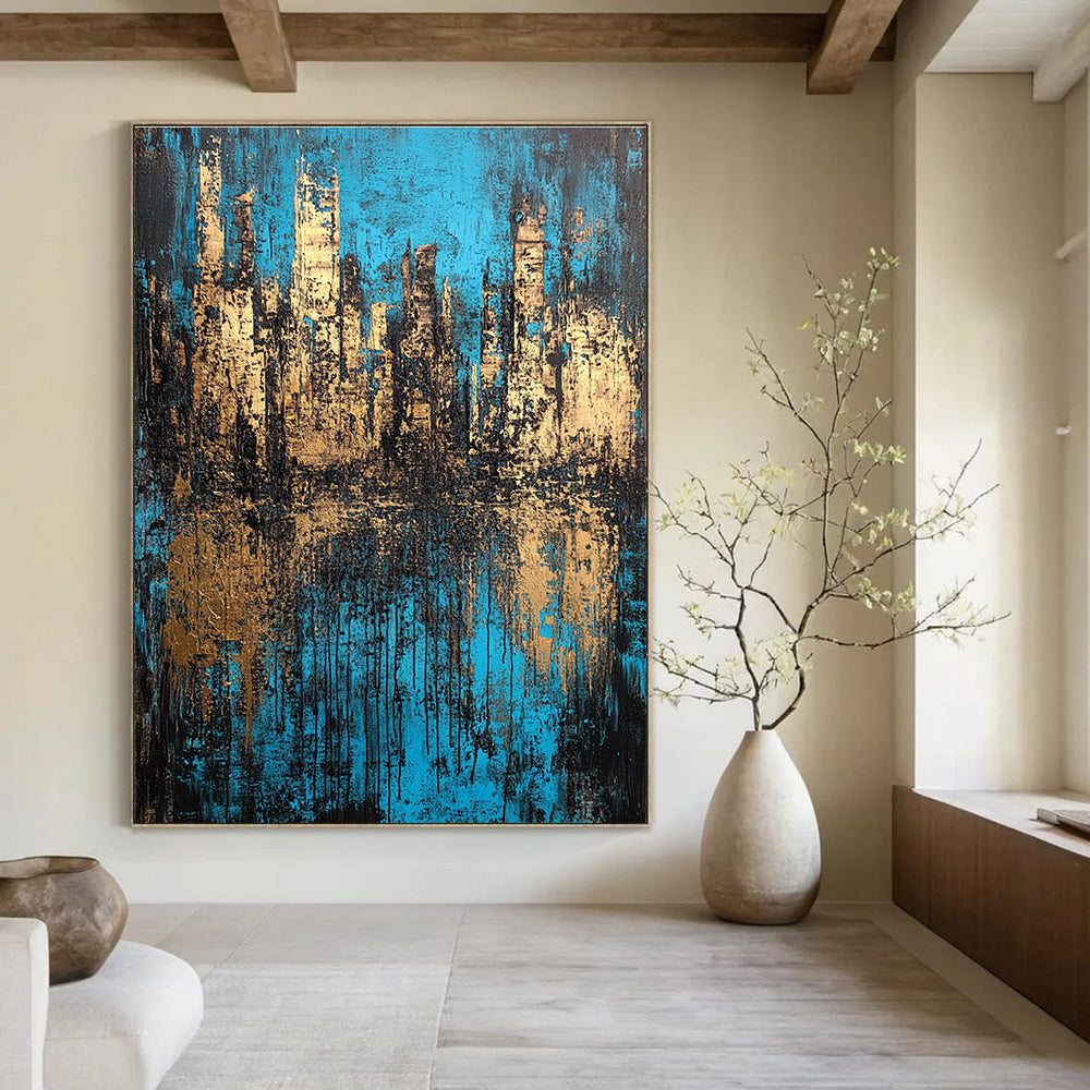 Large abstract painting of an underwater city in deep blue and brown tones with a richly textured canvas.STSC152