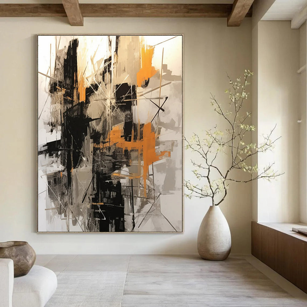 Black, Gray, and Orange Abstract Painting with Intersecting Lines ADGE116