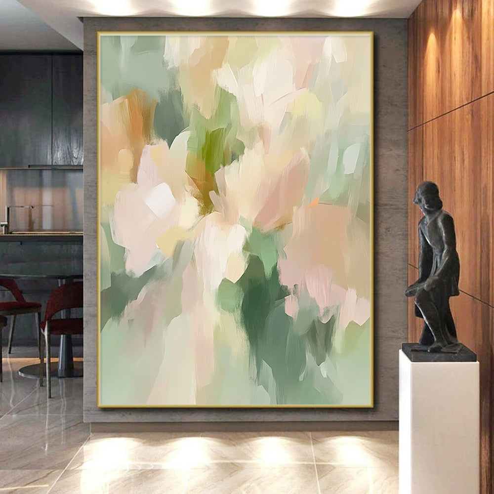 Light Green and Pastel Flower Abstract Painting with Dreamy Tones GER414
