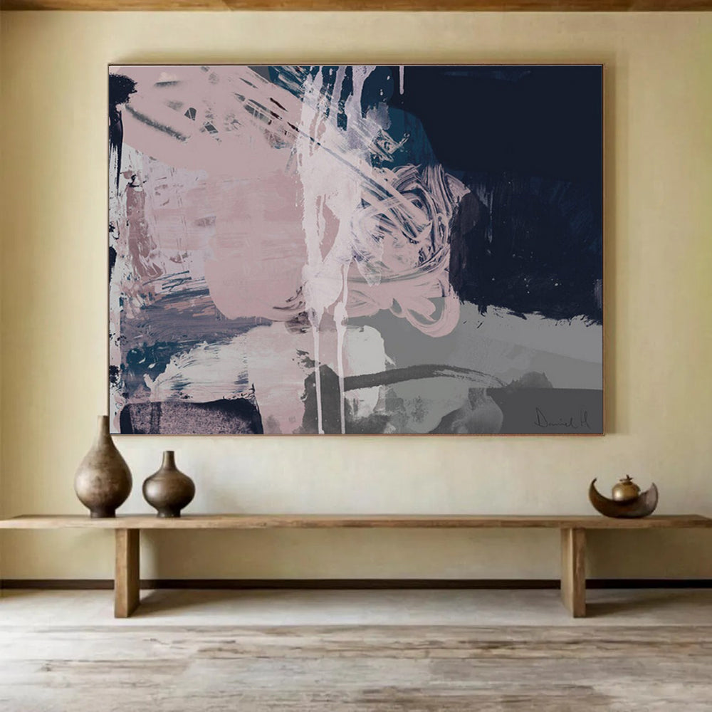 Pink and Grey Abstract Painting with Fluid Brushstrokes THY142