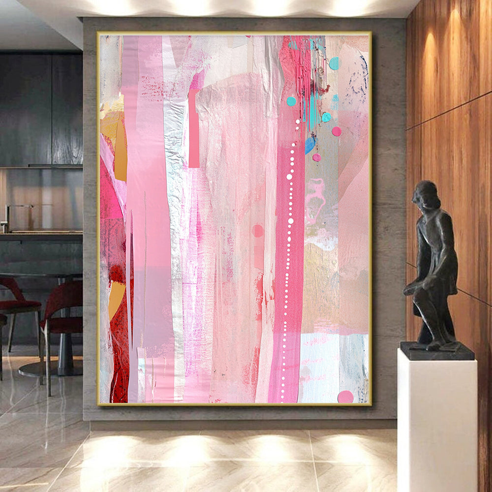 Pink and Colorful Abstract Painting with Vertical Stripes and Dots GER078