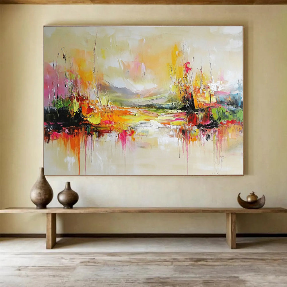 Large abstract painting featuring colorful landscape soft tones and intricate layers creating a dreamy tranquil ambiance that reflects nature.SC138