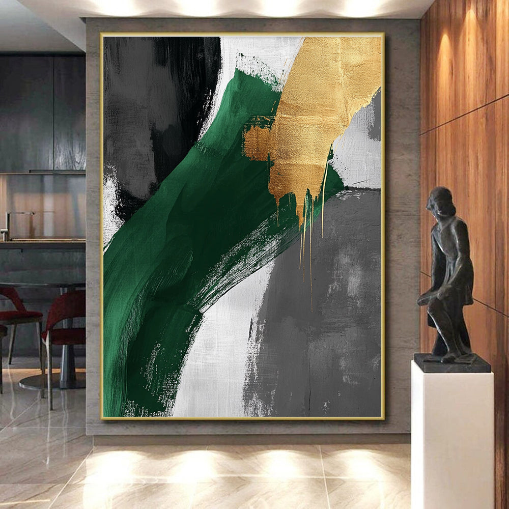 Green Gold Dynamic Strokes Abstract Painting GER850