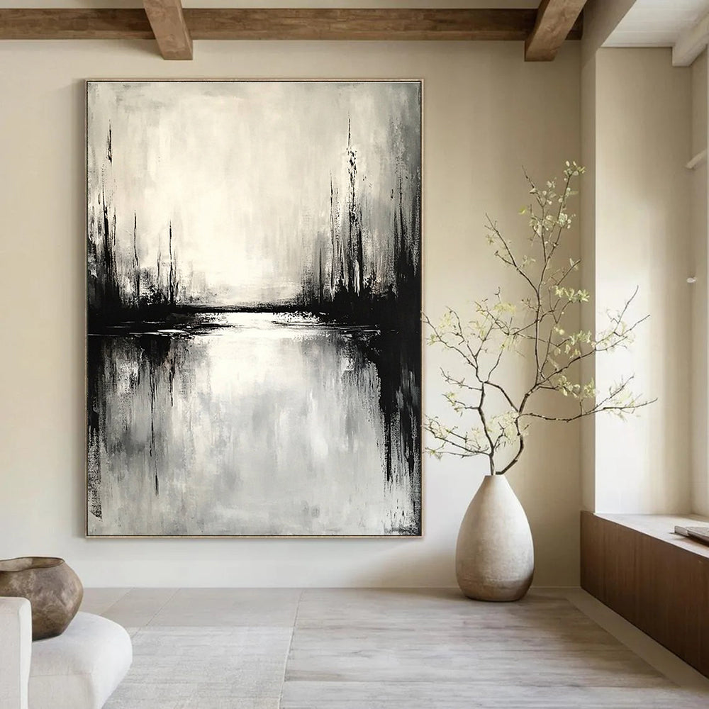 Large abstract painting depicting an overcast landscape with water reflections in muted tones evoking calmness and simplicity.STSC022