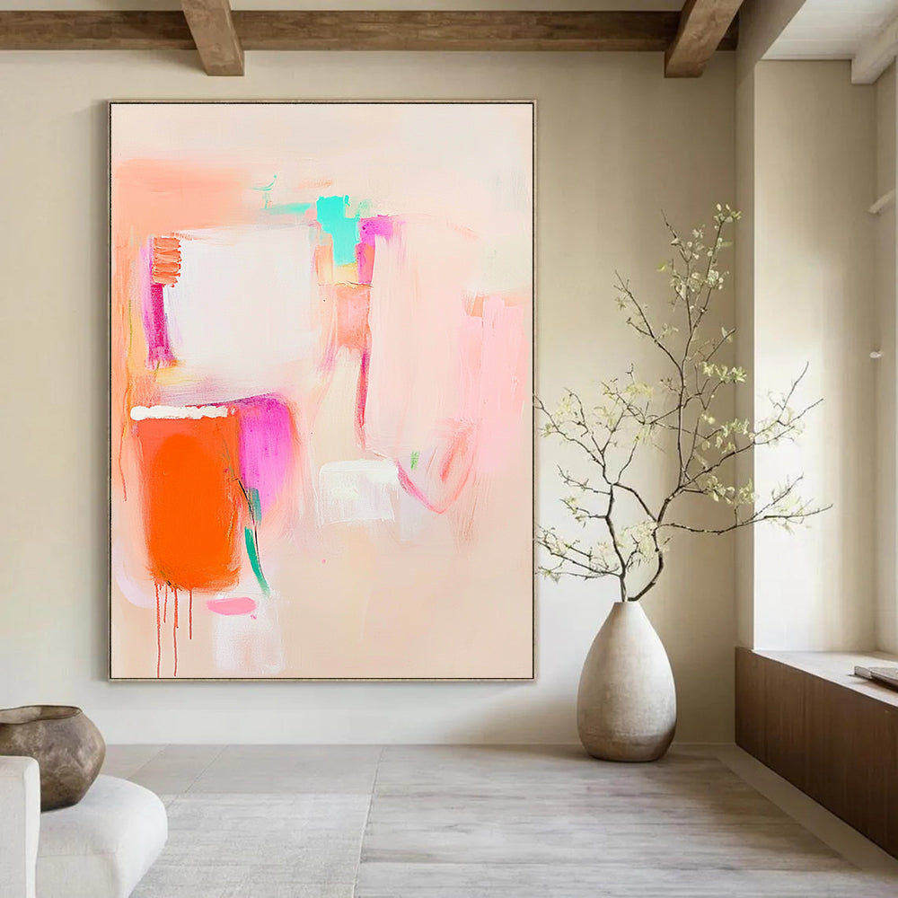 Large abstract painting in soft pink orange and white featuring everyday objects for a calming and dreamy effect on a light beige background.STSC623