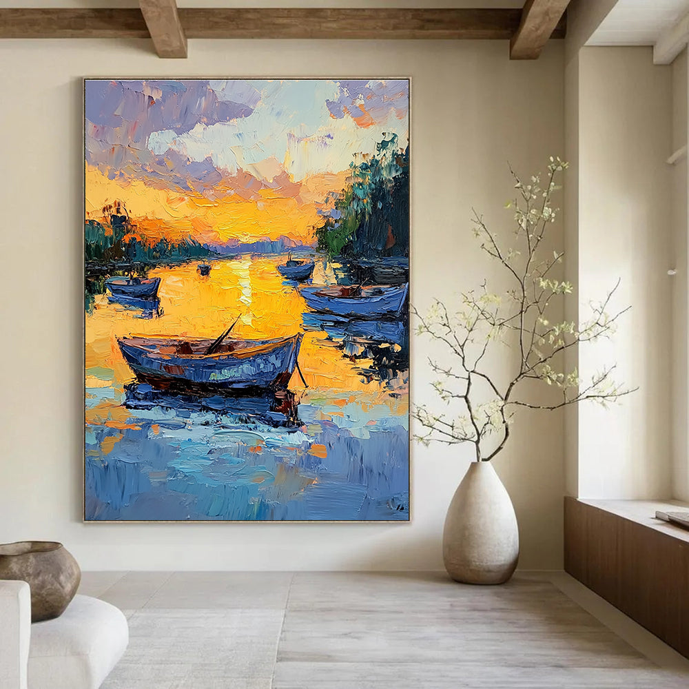 Large abstract painting featuring boats at sunset with rich colors and expressive brushstrokes capturing serene reflections on calm water.STSC1389