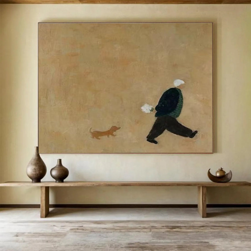 Brown - toned Figure and Dog Simple Abstract Painting THY109