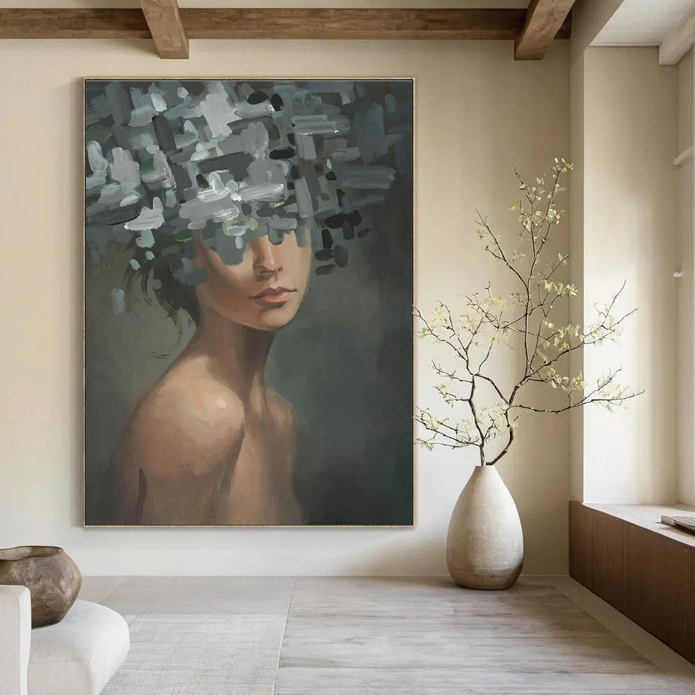 Gray and White Floral Head Woman Abstract Painting ADGE328