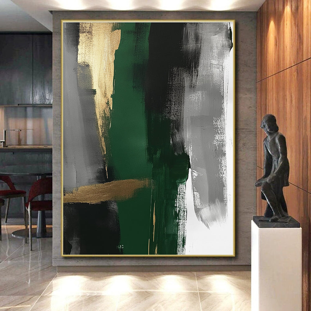 Green Gold Gray Abstract Painting with Elegant Layers GER755