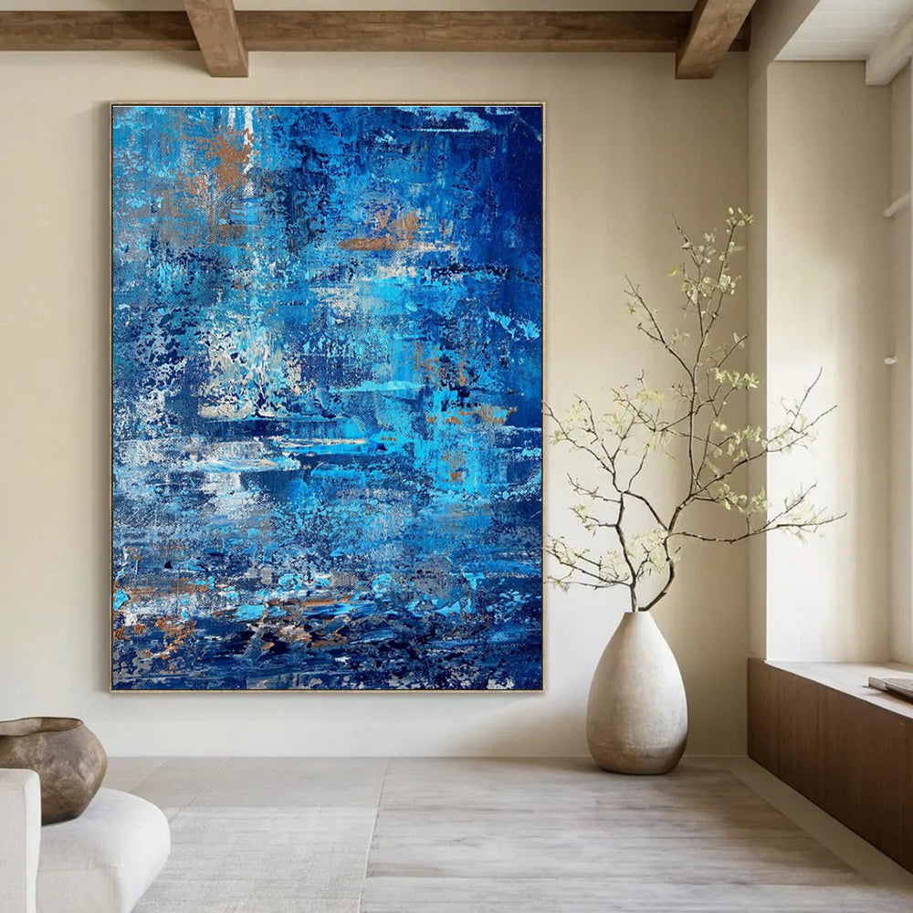 Blue - Gold Textured Abstract Painting with Layered Brushstrokes ADGE457