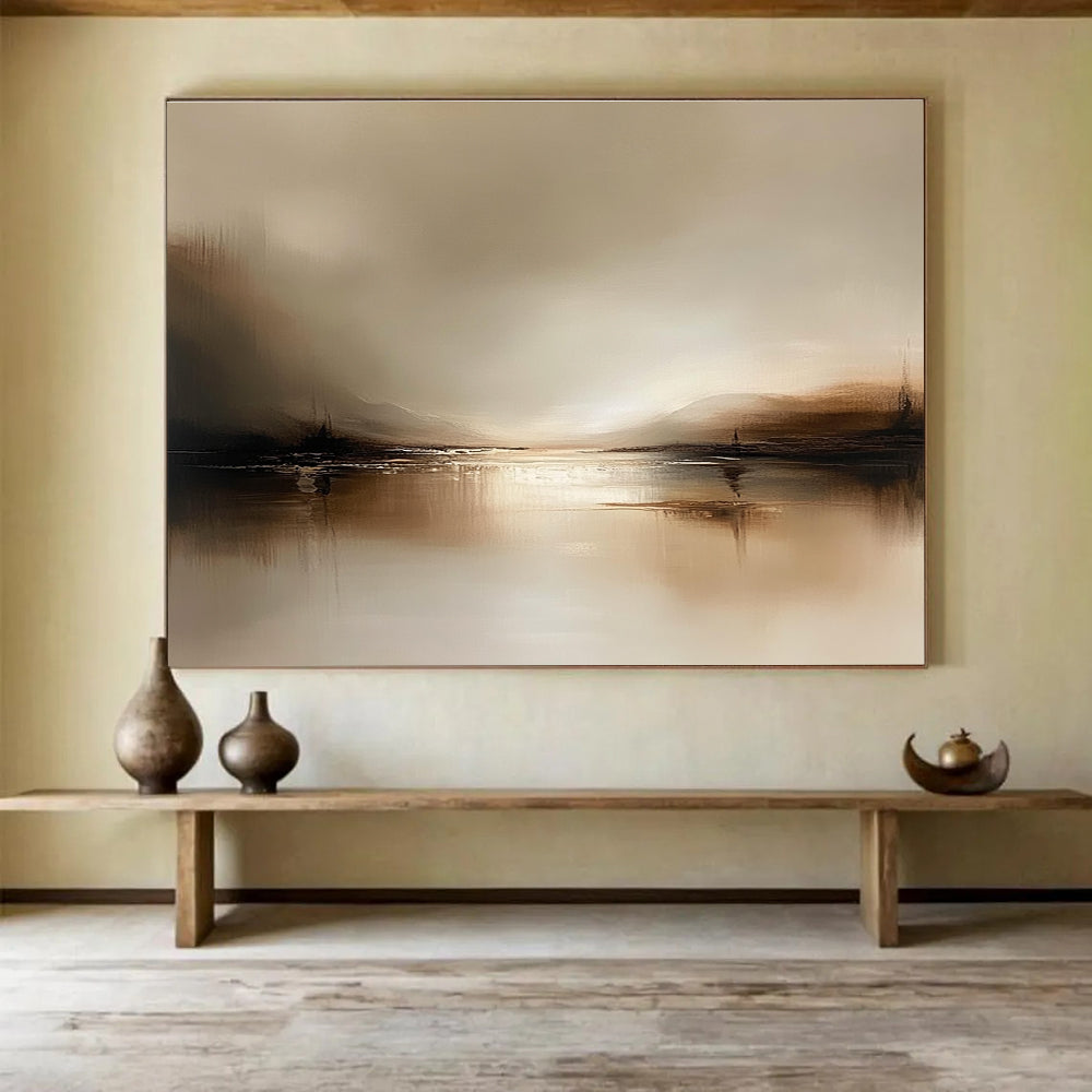 Abstract landscape painting in muted browns and beiges, featuring a tranquil water scene with soft reflections, creating a minimalist and serene atmosphere.SC071