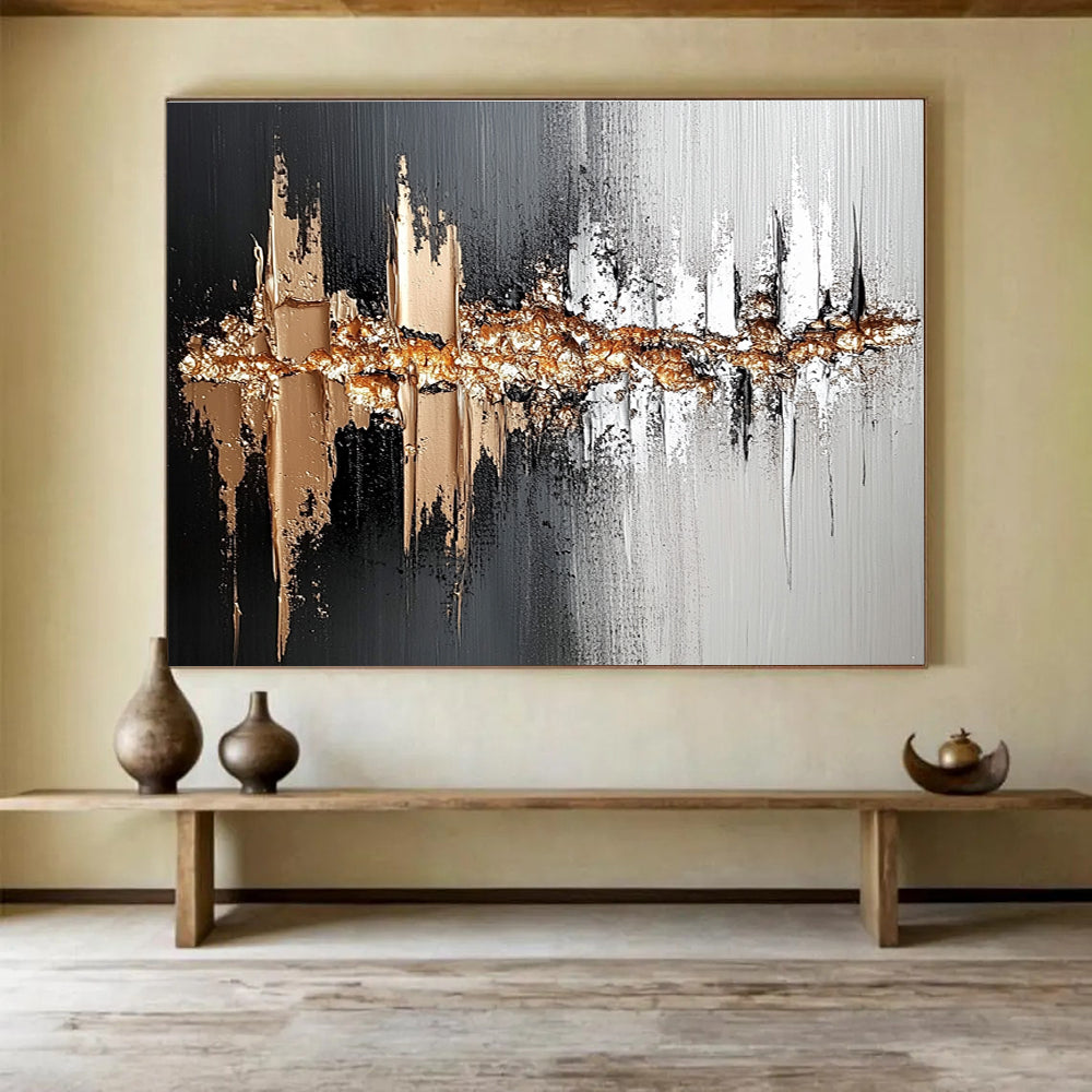Black Gray Gold Abstract Painting with Textured Gold Accents DYP303